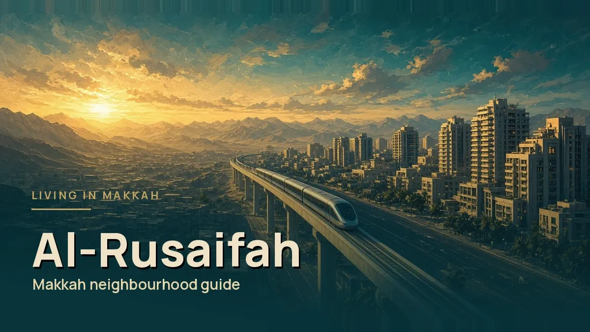Painterly sunset of the Haramain rail line curving past Al-Rusaifah apartments toward Makkah mountains
