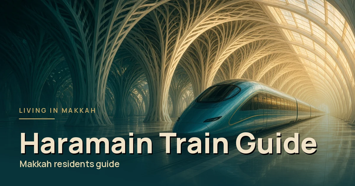 A sleek high-speed train inside a sweeping arched station hall, illustrating the Haramain train for Makkah residents. Illustrative scene, not a photo of a real location.