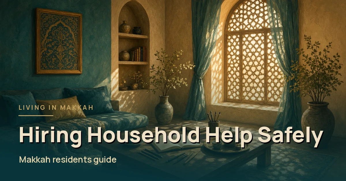 A calm, tidy living room with a lattice window and tea on the table, illustrating hiring household help and home tutors safely in Makkah. Illustrative scene, not a photo of a real location.