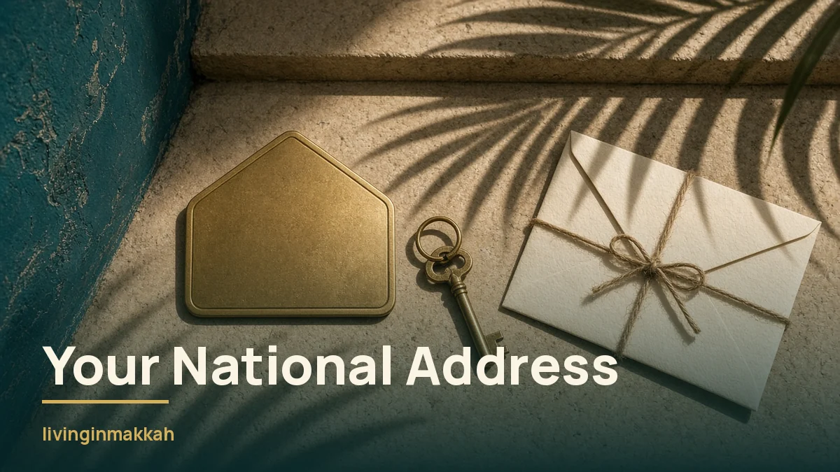 Blank house-shaped address plate, brass key and tied envelope on a stone step