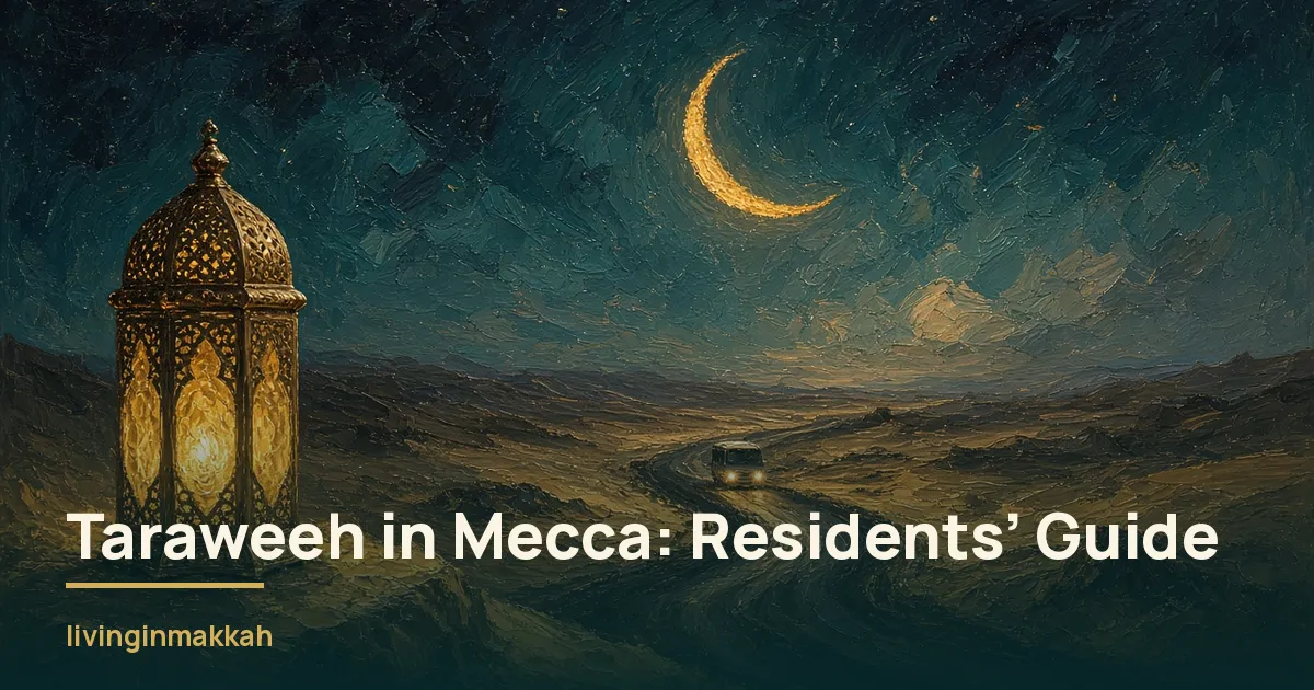 Painted brass Ramadan lantern and golden crescent above a winding desert night road with a distant bus