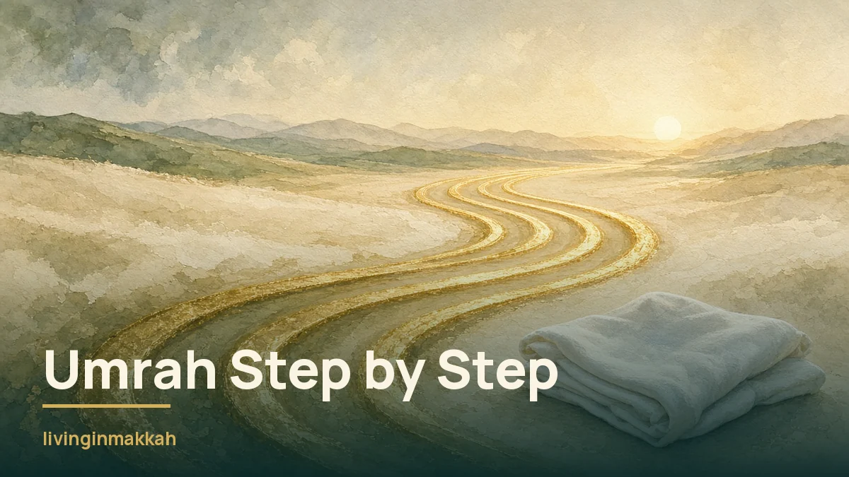 Watercolour dawn path of glowing gold arcs across pale sand toward distant hills, with a folded white cloth: Umrah step by step